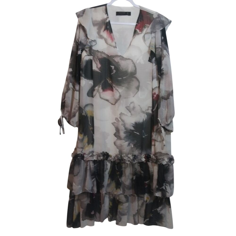 Religion Dark Floral Print Delicate Women's Tiered Ruffle Midi Dress Size 6